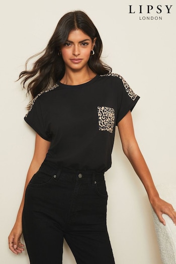 Lipsy Black Animal Pocket Blocked Roll Sleeve T-Shirt (R58926) | £16