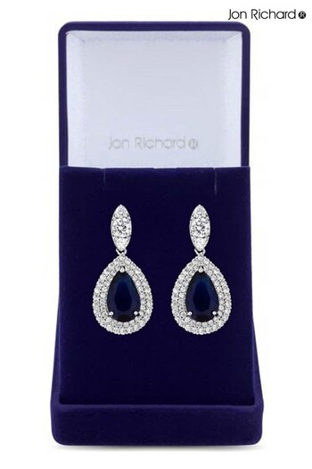 Jon Richard Silver Rhodium Plated Cubic Zirconia Baguette Navette Sapphire Blue Pear Drop Earrings - Gift Boxed (R61444) | £45