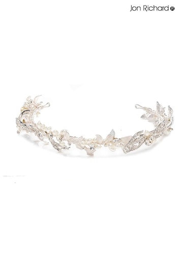 Jon Richard Silver Delilah Silver Plated Pave Feather And Pearl Tiara - Gift Pouch (R61560) | £75