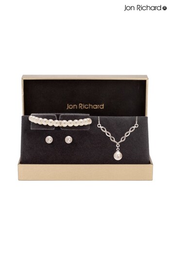 Jon Richard Silver Plated Twist Pearl Bracelet, Necklace and Earrings Trio Set (R61586) | £30