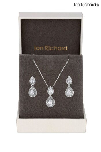 Jon Richard Silver Rhodium Plated Double Pear Drop Cubic Zirconia Crystal Set - Gift Boxed (R61589) | £30