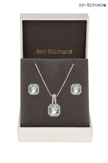 Jon Richard Silver Rhodium Plated Aqua Blue Cubic Zirconia Crystal Square Drop Set - Gift Boxed (R61593) | £20