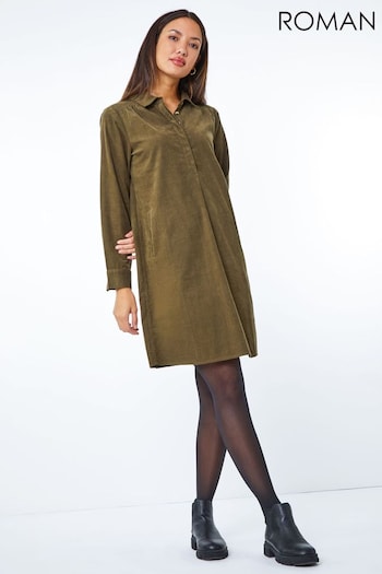 Roman Khaki Green Corduroy Tunic Shirt Dress (R63846) | £45
