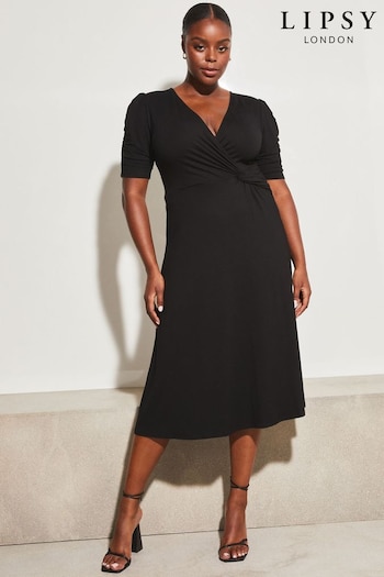 Lipsy Black Curve Jersey Short Ruched Sleeve Knot Side Midi Dress (R64069) | £44