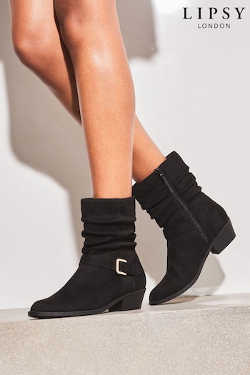 Lipsy Black Regular Fit Suedette Flat Ruched Buckle Boot (R64087) | £49
