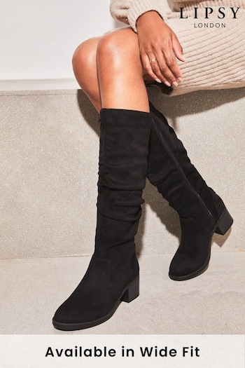 Lipsy Black Wide FIt Suedette Ruched Knee High Strap Boot (R64157) | £60