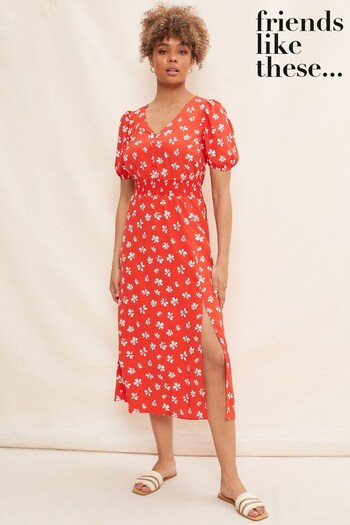 Older Girls 3yrs-16yrs Red Ditsy Puff Sleeve Ruched Waist V Neck Midi Summer Dress (R64216) | £38