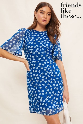 Jumpers & Knitwear Blue Floral Short Sleeve Chiffon Mini Dress (R64218) | £40