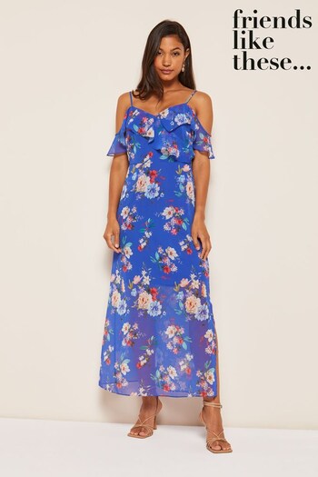 New Brand: Florere Blue Dobby Chiffon Ruffle Midaxi Dress (R64221) | £50