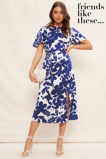 Wedding Guest Dresses Blue Flutter Sleeve Satin Split Belted Midi Summer Dress (R64226) | £45