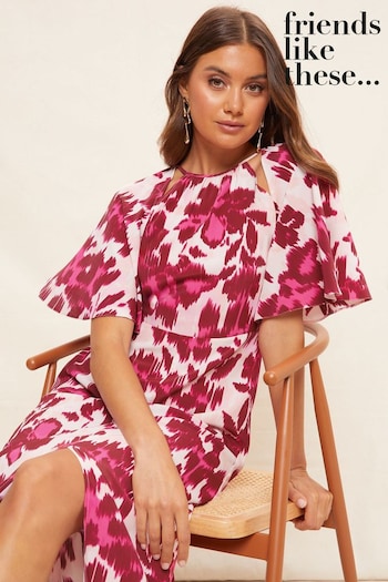 Swim & Beach Pink Flutter Sleeve Occasion Slit Cut Out Midi Dress (R64234) | £45