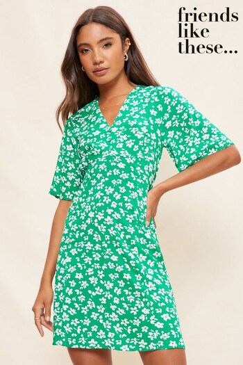 Gifts For Him Green Floral V Neck Flutter Sleeve Summer Mini Dress (R64287) | £30