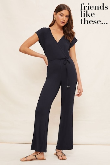 Friends Like These Navy Jersey Wide Leg Wrap Style V Neck Summer Jumpsuit (R64303) | £34