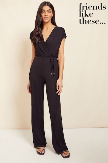 Tuxedos & Partywear Black Petite Jersey Wide Leg Wrap Style V Neck Summer Jumpsuit (R64581) | £34