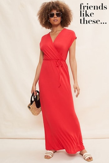 Friends Like These Red Petite Short Sleeve Wrap V Neck Tie Waist Summer Maxi Dress (R64583) | £34