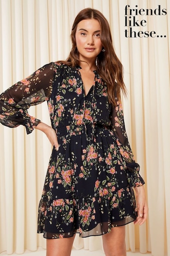 Friends Like These Navy Blue Floral Petite Neck Tie Shirred Waist Long Sleeve Mini Dress (R64633) | £45