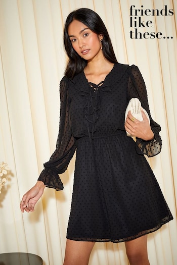 Bras & Crop Tops Black Petite Ruffle Chiffon Tie Detail Long Sleeve Mini Dress (R64635) | £39