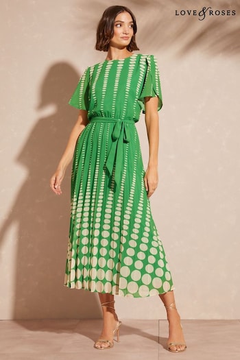 All Womens Sportswear Green Spot Printed Tulip Sleeve Belted Pleated Midi Summer Dress (R64643) | £72