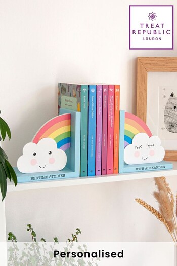 Personalised Kids Rainbow and Clouds Wooden Book Ends  by Treat Republic (R66631) | £25
