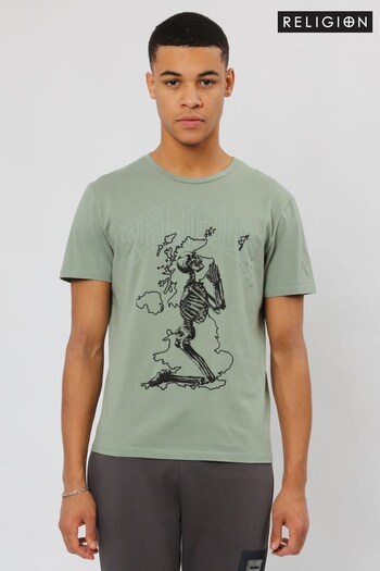 Religion Green Regular Fit Great Britain T-Shirt With Praying Skeleton (R67330) | £35