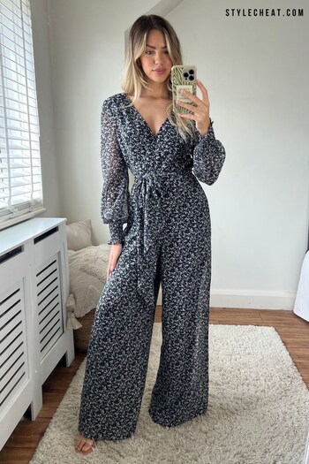 Style Cheat Black Floral Carly Wide Leg Wrap Jumpsuit (R67632) | £75