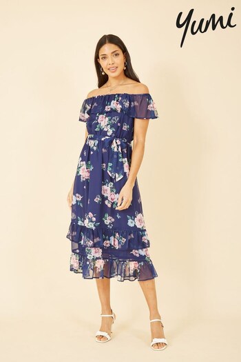 Yumi Blue Multi Floral Bardot Midi Dress With Frill Hem (R67636) | £55