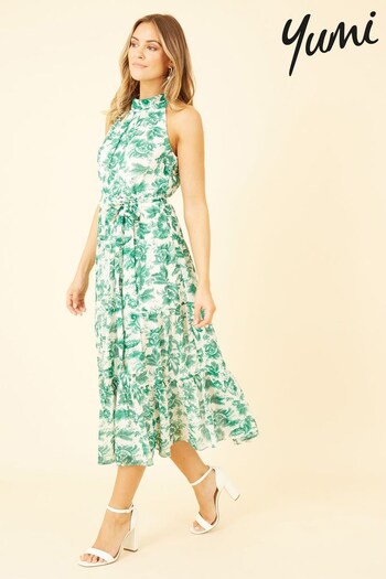 Yumi Green & White Leaf Print Halter Neck Midi Dress (R67639) | £65