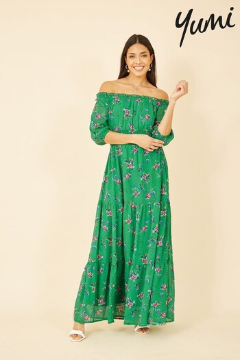 Yumi Green Multi Floral Bardot Long Sleeve Maxi Dress (R67657) | £65