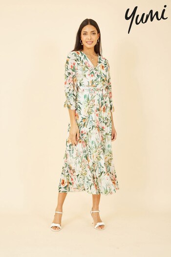 Yumi White Multi Floral Print Midi Wrap Dress With Pleated Skirt (R67658) | £58