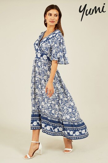 Yumi Blue & White Border Floral Print Wrap High Low Maxi Dress (R69075) | £55