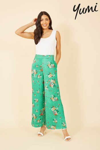 Yumi Green Floral Satin Wide Leg Trousers (R69079) | £40