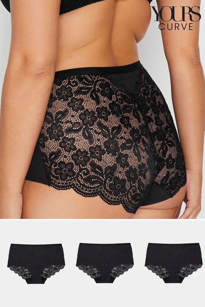 Yours Curve Black 3 Pack Lace Back Knickers (R69284) | £15