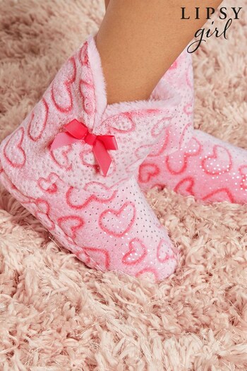 Lipsy Pink Heart Fur Pom Bootie Slipper (R71362) | £15 - £19