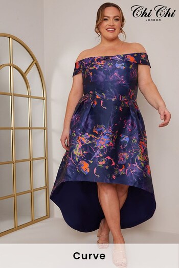 Chi Chi London Blue Curve Bardot Floral Dip Hem Dress (R71701) | £88
