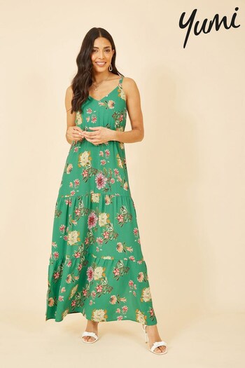 Yumi Green Multi Floral Strappy Tiered Maxi Dress (R71922) | £55