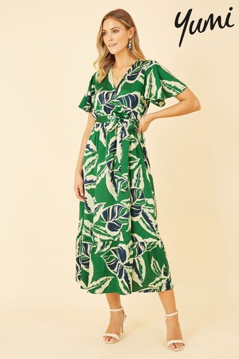 Yumi Green Tropical Leaf Print Wrap Midi Dress (R71925) | £55