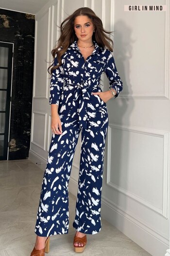 Girl In Mind Navy Blush Abstract Dott Shirt Detail Wide Leg Jumpsuit (R71931) | £48