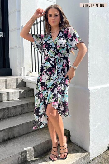 Girl In Mind Black Floral Chiffon Frances Asymmetric Wrap Midi Dress (R71939) | £32