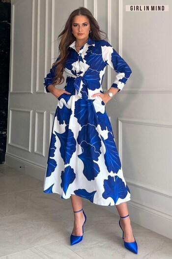 Girl In Mind Blue White Floral Isabella Abstract Tie Front Serafini Shirt Dress (R72524) | £44
