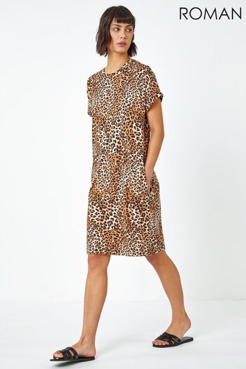 Roman Brown Animal Print Stretch T-Shirt Dress (R72609) | £36