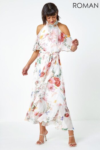 Roman White Multi Floral Frill Detail Halterneck Dress (R72629) | £65