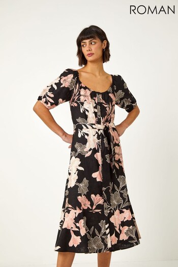 Roman Black Multi Floral Linen Blend Bardot Dress (R72635) | £45