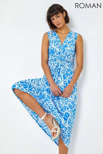 Roman Blue & White Floral Print Twist Front Maxi Dress (R72666) | £45