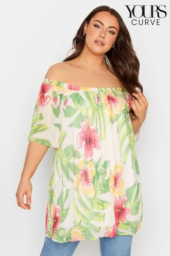 Yours Curve White Floral Pleat Double Layer Bardot Top (R72756) | £29