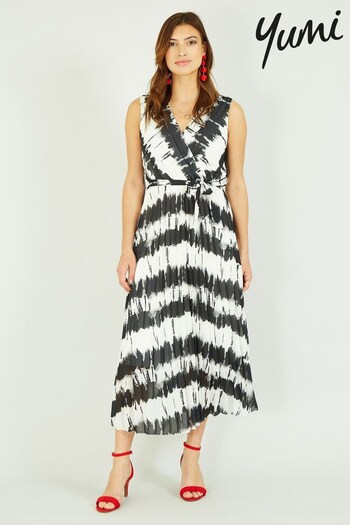 Yumi Black & White Tie Dye Pleated Midi Dress (R72789) | £55