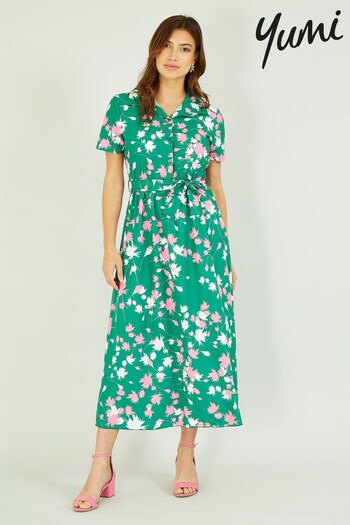 Yumi Green & Pink Floral Print Midi Shirt Dress (R72792) | £45