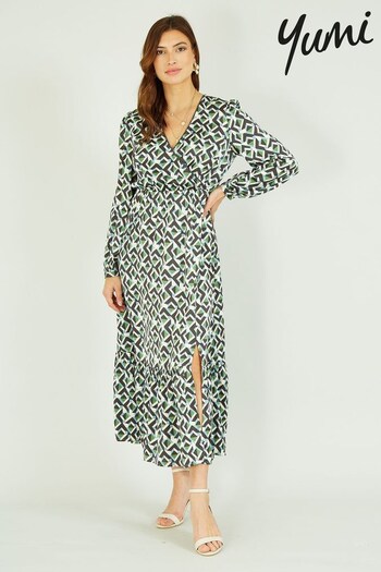 Yumi Green Black & White Geo Print Wrap Midi Dress (R72804) | £55