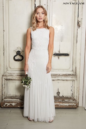 Sistaglam White Embellished Beaded Sequin Halterneck Maxi Wedding Dress (R73095) | £165
