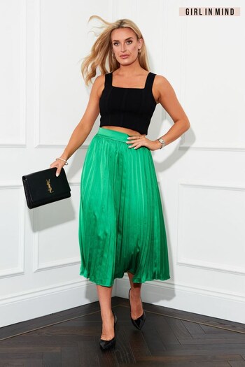 Girl In Mind Green Satin Pleated Midi Skirt (R73258) | £35