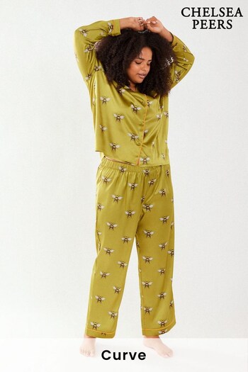 Chelsea Peers Green Curve Bee Satin Regular Button Up Long Pyjama Set (R73587) | £50